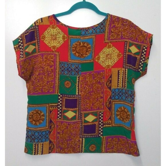 Vtg BENTLEY top blouse Multicolor Baroque Womens Lightweight Polyester Sz M - Picture 2 of 6